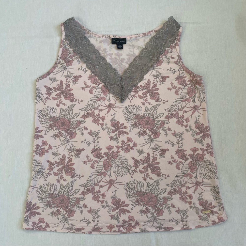 Tahari Soft Sleep Camisole Floral Top with gray lace and pick flowers Womens S